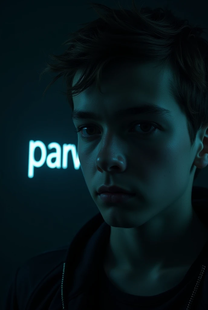 Single moody boy face shown  in dark matte black background, clearly  written PARVES in background in blue neon light