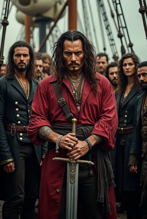 Jonn depp wearing a torn red shirt holding a sword while standing in his ship with his ship crew wearing black coats