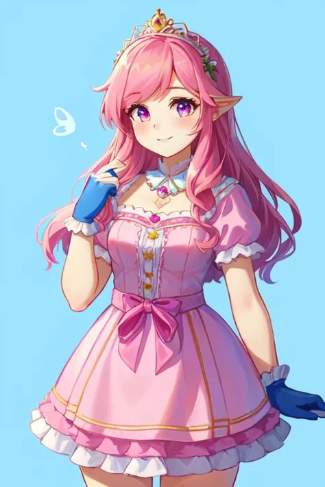 there is a drawing of a girl with a pink dress and gloves, madeline from celeste, inspired by Daphne Fedarb, abigail from stardew valley, inspired by Daphne McClure, colored drawing, inspired by Marie Angel, female protagonist 👀 :8, cartoon drawing, full c...