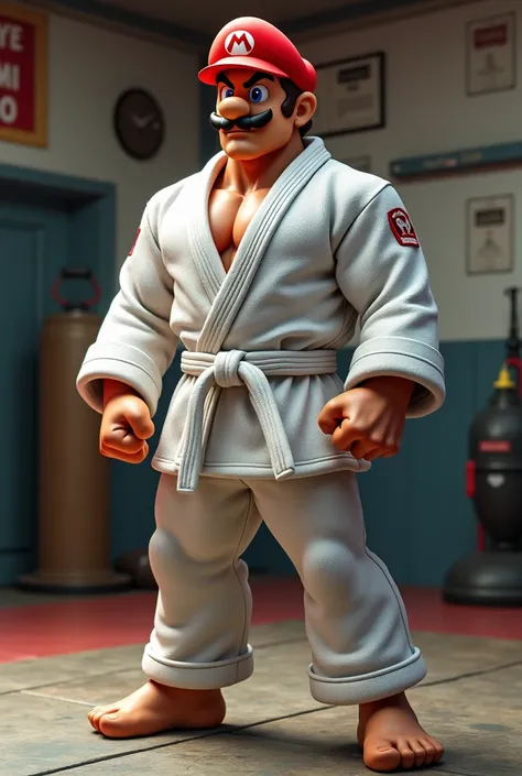 MARIO WEARING A WHITE BELT AND KIMONO OF BRAZILIAN JIU JITSU AT GYM REALISTIC