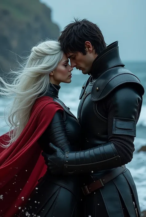 Create a realistic and emotionally charged image between Manon Black Peaks and Dorian Havilliard aboard a ship in a turbulent ocean. Manon, with her long platinum-white hair disheveled by the wind, He wears black armor and a red cape fluttering behind him....