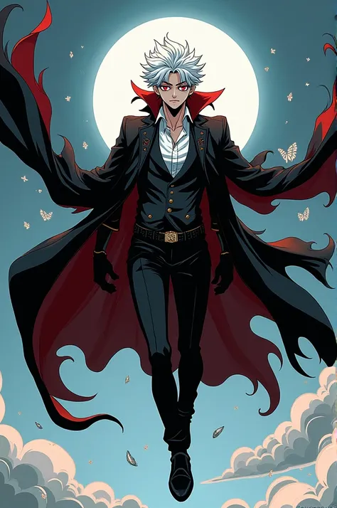 Boku no hero academia comic panel of a male. He has white hair and red eyes, he is wearing black coat and old money fashion clothes. He’s flying and he has vampire quirk