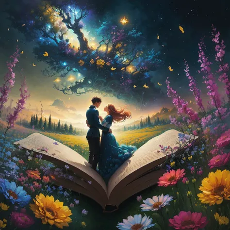 painting of a couple standing on a book in a field of flowers, romantic storybook fantasy, fairytale painting, cyril rolando and m.w kaluta, cyril rolando and m. w kaluta, romantic painting, fantasy book illustration, whimsical fantasy landscape art, story...