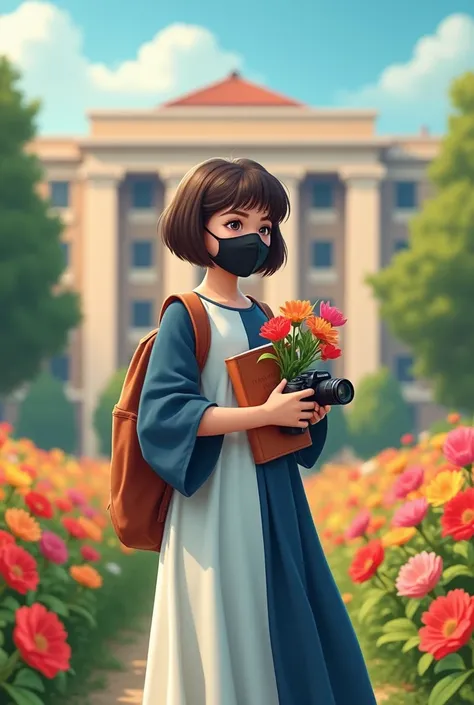 peshawar University, one girl standing in front of peshawar University new block, dress light and dark blue frock, short hair, wearing black face mask ,age 16, flowers, books and camera in hand, everywhere flowers in university, beautiful weather,and captu...