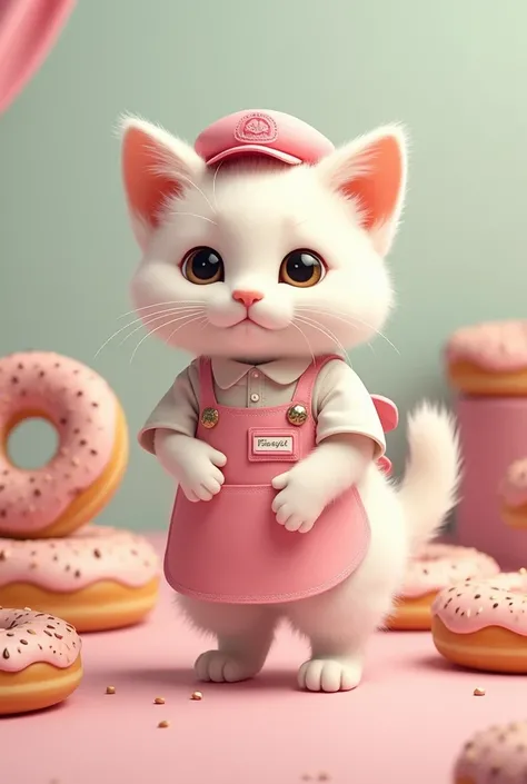 White kitten　Wearing a donut shop uniform　Bipedal