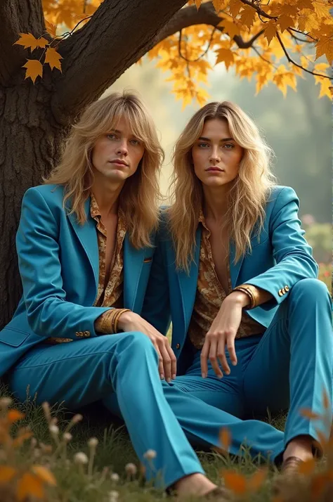 Generates an image of a 2 white guy, blue eyes, blond, long rockstar hair from the 70s. He should be sitting on the grass, under a tree with golden leaves. He wears a 70s vintage blue suit. He is in a magical garden. 