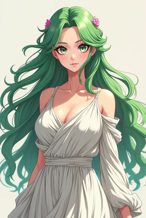 A white woman with long green hair with pink tips with green eyes with large breasts wearing white Greek clothing and has a strong appearance (anime style)