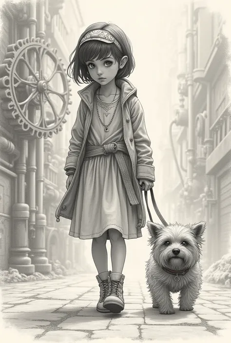 A  girl leads a small shaggy angry dog on a leash, steampunk, Pencil drawing, pastel, masterpiece, ultra-detailed, intricate details, hyperrealism