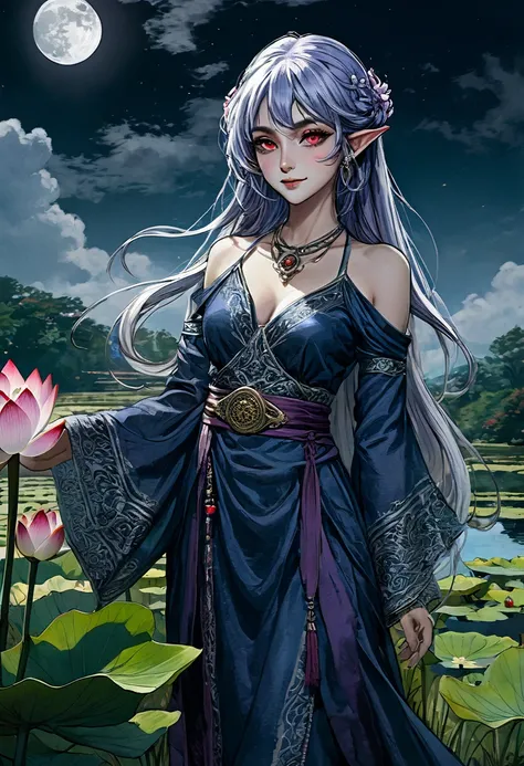 (Ultra-detailed face, looking away, Fantasy Illustration with Gothic, Ukiyo-e, Comic Art, dark tone colors), 
BREAK 
(This is a small mountain village in a medieval European style. From the hilltop, a pond filled with abundant water can be seen, and lotus ...