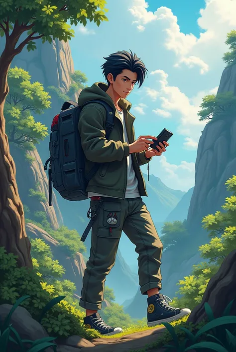 A cool anime asian guy holding a gaming controller while exploring a forest or a mountain
