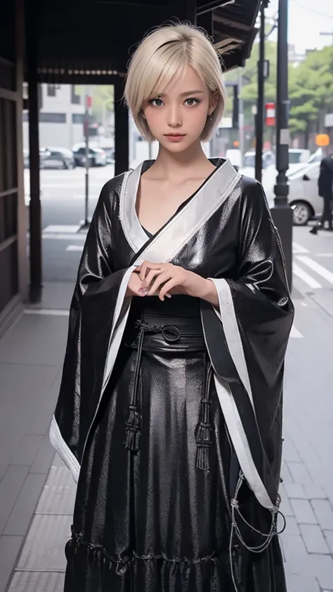 High resolution、masterpiece、Textured skin、high quality、Ultra high definition、Very detailed、woman、Short blonde hair parted in the center、Looking at the camera、Large Breasts、Perfect Style、Long legs、Background blur、far and near method、Gothic Kimono、Street Sna...