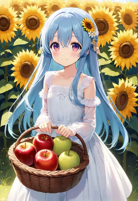 asterpiece, best quality, extremely detailed, (illustration, official art: 1.1), light blue long hair anime girl with apple bask...