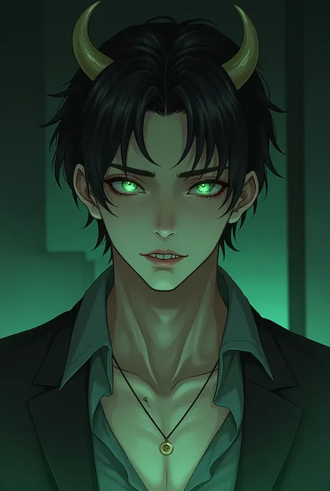 Anime drawing style. A handsome mature demon. He has short, neatly combed dark hair, pale skin and bright dark green glowing eyes. under which there are huge bruises from fatigue. He has a little stubble on his face. He has a pair of short horns on his for...