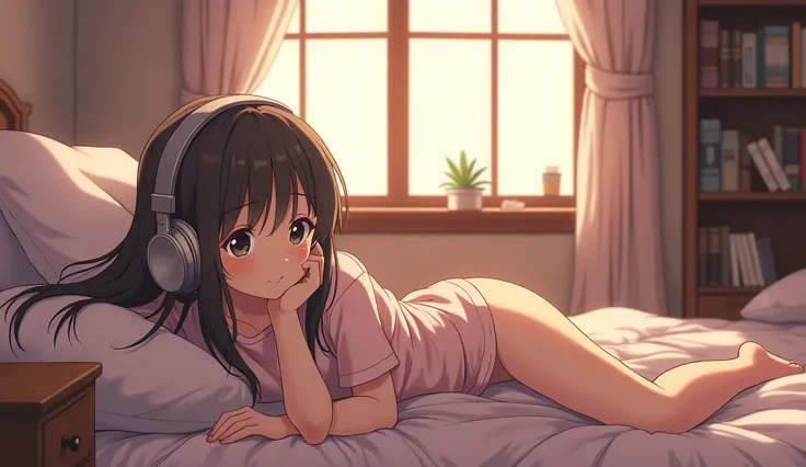 Anime, four with the girl lying on the bed with headphones 