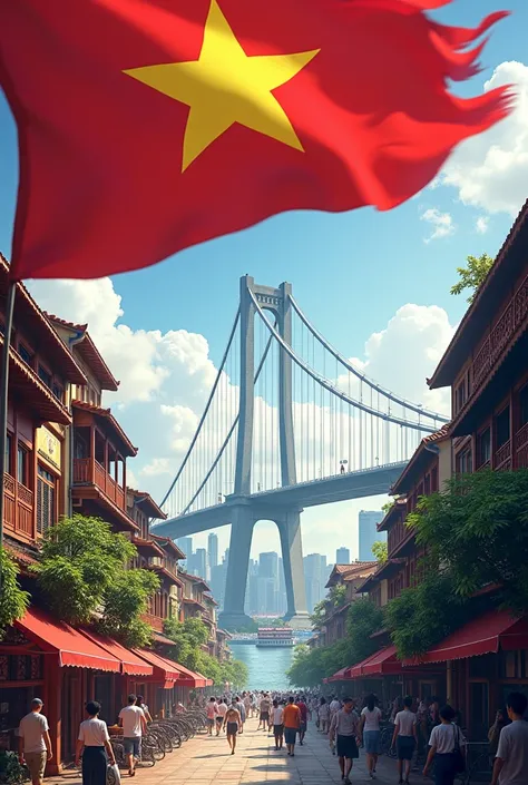 Hai Phong City, Vietnam, with the Bach Dang Bridge in the background, with vietnam flag