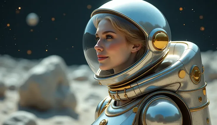 A mysterious figure in a sleek, silver and gold spacesuit explores an otherworldly asteroid field, (photo-realistic Scandinavian woman), her helmet reflecting the twinkling stars above, transparent visor reveals her perfect slender face, happy, smile. This...