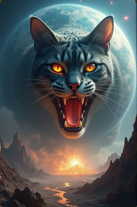 create an image of inside the earth and a colossal cat outside the atmosphere going to eat the earth