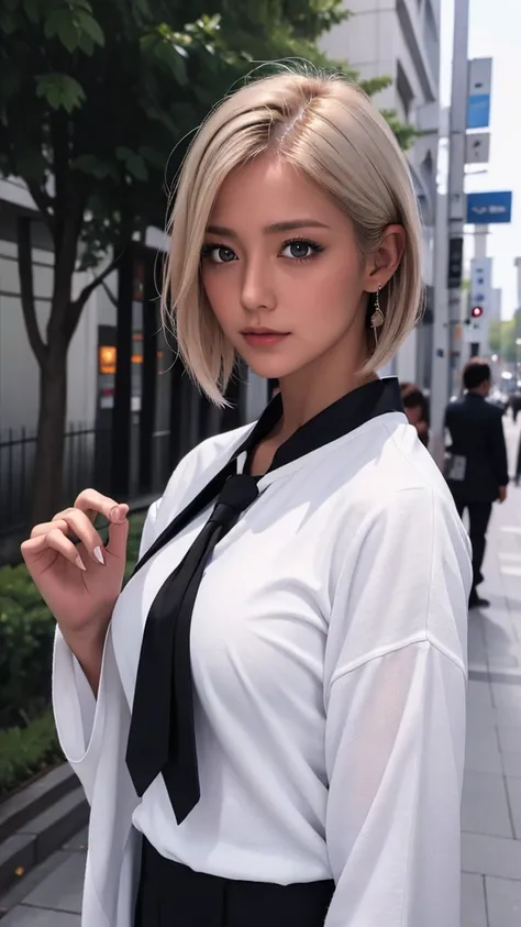 High resolution、masterpiece、Textured skin、high quality、Ultra high definition、Very detailed、woman、Short blonde hair parted in the center、Looking at the camera、Large Breasts、Perfect Style、Long legs、Background blur、far and near method、Gothic Kimono、Street Sna...