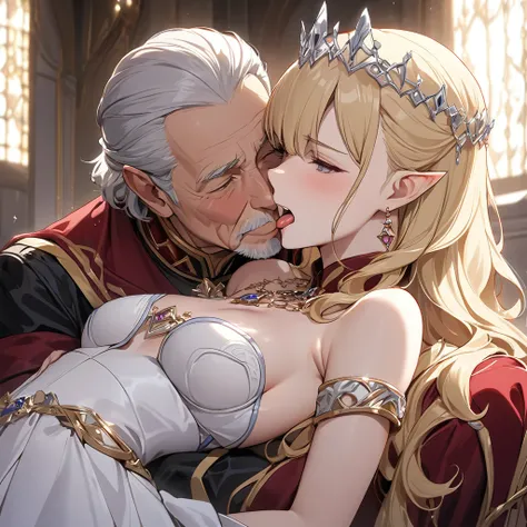 ((Best Quality)), ((masterpiece)), (detailed), （Perfect Face）、The woman is Seras Ashlain, a blonde elf queen dressed in a gorgeous royal white dress and adorned with lavish jewellery accessories.、The woman is embracing the elderly man, kissing him deeply w...