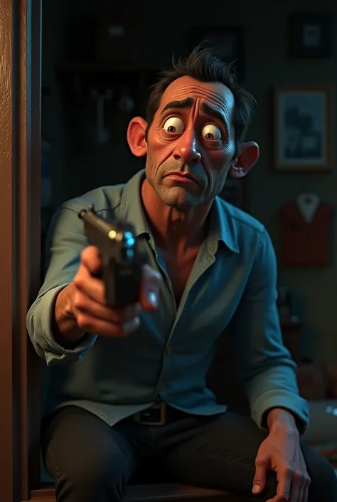 Disney animation, 3D disney movie, of a very depressed man, cocaine on his nose and he is pointing ppistol at himself