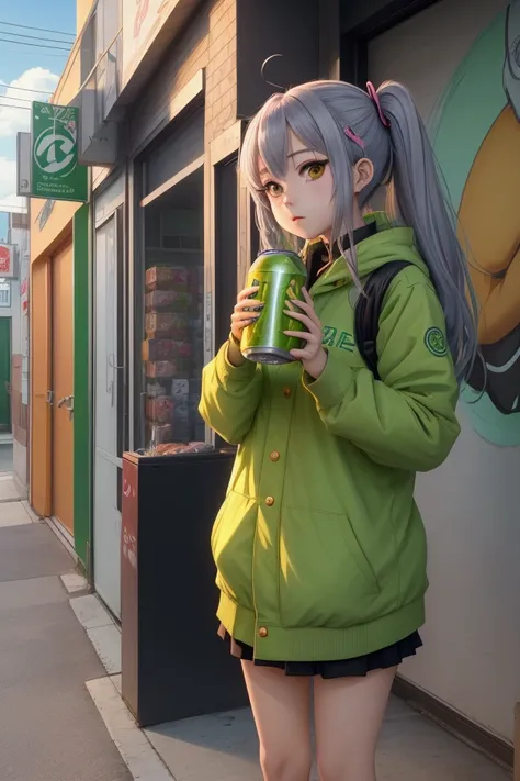 anime girl holding a can of green tea in her hand, anime girl drinks energy drink, soda themed girl, anime moe artstyle, anime visual of a cute girl, smooth anime cg art, holding a beer!!, holding a drink, holding beer, lofi girl, holding a can of beer, re...