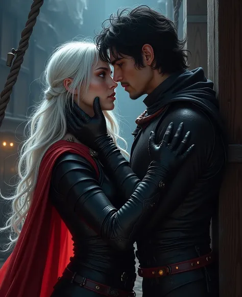 Creates a realistic image full of erotic tension between Manon Black Peaks and Dorian Havilliard in the hold of a ship. Manon, with her long platinum-white hair in disarray, He wears black armor and a red cape.. His expression is a mix of defiance and desi...