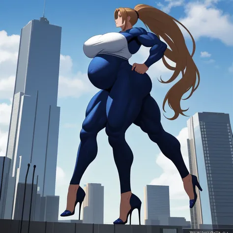 their towering figure reaching into the clouds like a moving skyscraper. yoga pants and jacket, pregnant, lesbian kiss, very long hair, high ponytail, stockings, huge breast, high heels, walking, huge hips. muscular arms, muscular legs. huge giantess. musc...