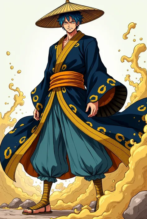 Create a one piece comic panel of a male character. He’s has blue and golden hair, golden eye. He’s dressing like samurai who use odachi. Tall and dressing as traditional Japanese samurai clothes wearing a samurai hat. Let’s say he is a devil fruit user wh...