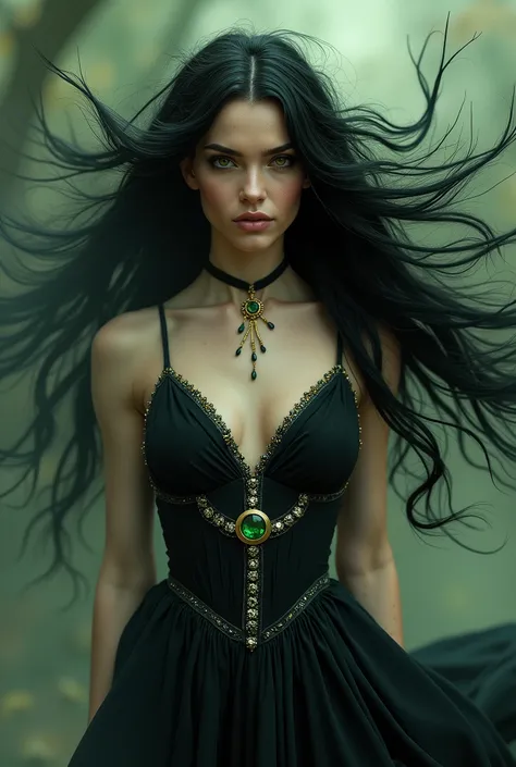 Create an image of Eris, the goddess of discord from Greek mythology. She should embody a blend of mesmerizing beauty and unsettling chaos. Her long, wild hair is jet black, flowing as if alive. Her eyes are intense, shifting between golden and bright gree...