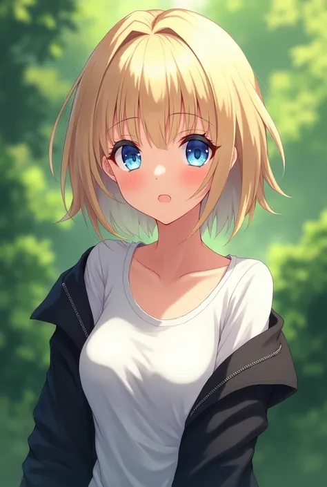 1 charming woman, nature, black jacket, white t-shirt, size D boob, light blonde short hair, blue eyes no makeup, looking with a smile (Anime Styles - handsome face)