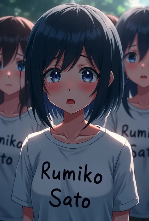 a beautiful , with “Rumiko Sato” on the t-shirts, and short layer hair, pain, facecam, anime style