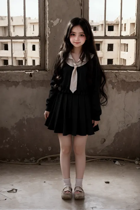 Dramatic light, full body, smile, big black eyes, pretty late teen girl, pale white skin, rosy cheeks, wavy messy black hair, very long hair, look innocent and beautiful, At abandon school, window, Aleppo city 