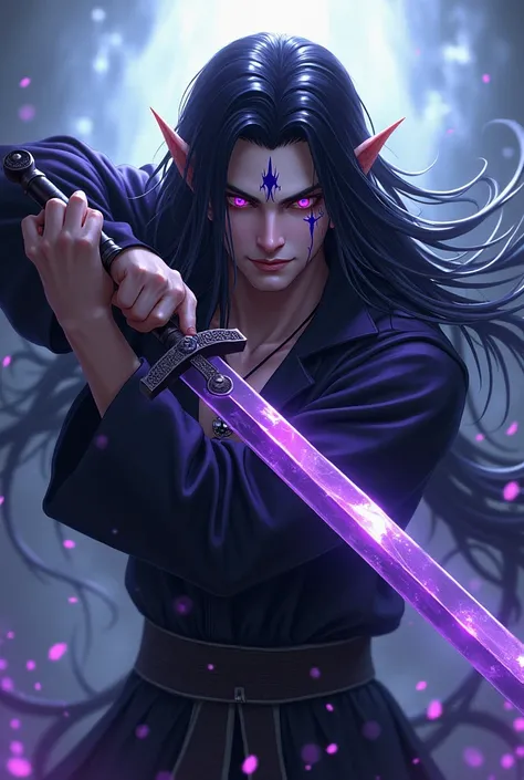 The guy is sexy.  ,Long hair, Violet eyes, pointed ears, black hair, Smirk, Demon Eyes, forehead mark, scar on cheek, Divine Rays, sword swing , patterns on the face glowing