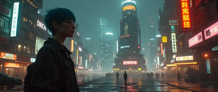 (insanely detailed), (best quality), (masterpiece:1.3), (Hyper realistic), (photorealistic:1.36), Cyberpunk, Cyberpunk city, neon light, wears glasses, gender, lip, streetwear, very short hair, resistant, punk, cinematic composition, beautiful concept, cin...