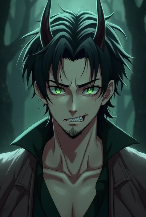 Anime drawing style. A handsome mature good shaped demon. He has short, neatly combed dark hair, pale skin and bright green glowing eyes. under which there are huge bruises from fatigue. He has a little stubble on his face. He has a pair of short horns on ...