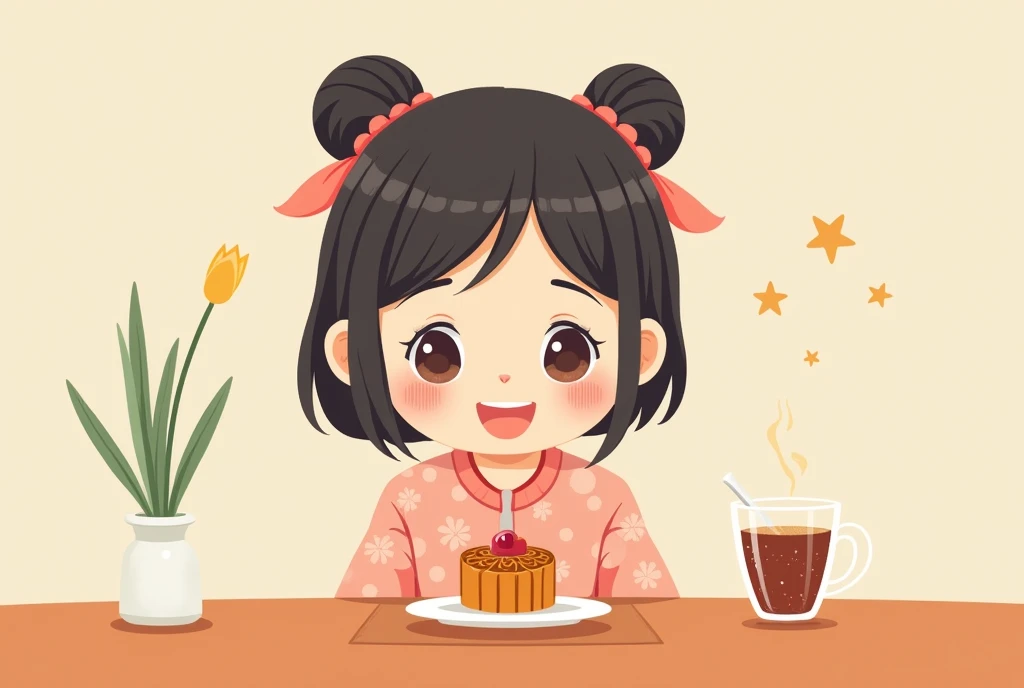 1 girl sitting at the table，Looking at the mooncake in front of me，The eyes are shining，a happy smile spread across her face。Cartoon，可爱Cartoon，可爱Cartoon风格，Cute illustration，Clean anime art，Simple background