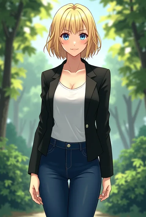 1 charming woman, nature, wear black jacket, white t-shirt, size D boob, long Jeans pant, blonde short hair, blue eyes no makeup, looking with a smile (Anime Styles - handsome face)