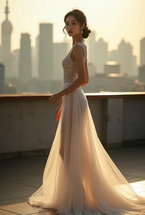 a beautiful 2 Shanghai female model, wearing a thin wedding dress, standing on a rooftop, backlit, showing off her fit body, intricate details, elegant pose, dramatic lighting, soft cinematic colors, realistic, photorealistic, 8k, high quality, highly deta...