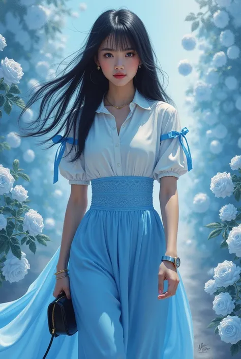 Photorealistic cinematic acrylic painting,an Indonesian girl with smooth white skin and a perfectly cared for face, her hair is long, straight, black, with loose bangs floating, smiling sweetly, her eyes looking at the camera, Short-sleeved shirt with left...