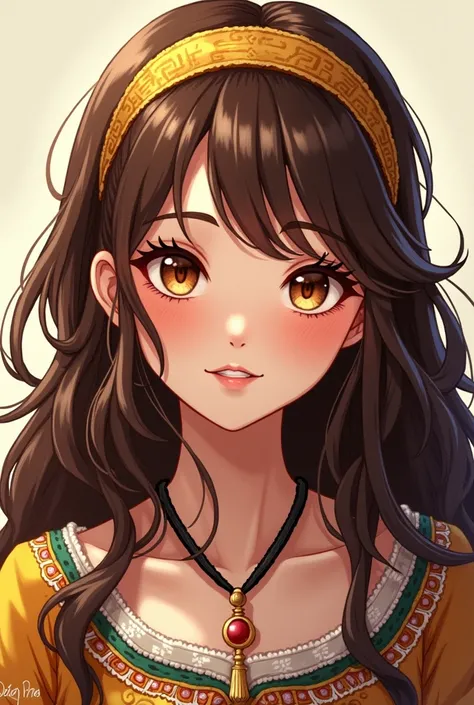 Anime girl with long brown hair with waves at the ends and a yellow headband with brown eyes and caporal clothing from the northern Chile area 