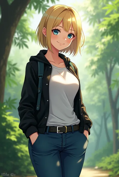 1 charming woman, nature, wear black jacket, white t-shirt, size D boob, long Jeans pant, blonde short hair, blue eyes no makeup, looking with a smirk (Anime Styles - handsome face)