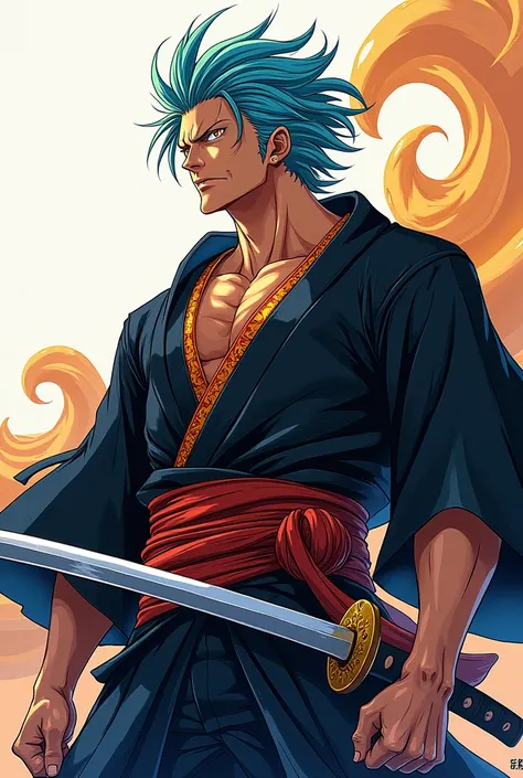 Create a one piece comic panel of a male character. He’s has blue and golden hair, golden eye. He’s dressing like samurai who using an odachi sword. Tall and dressing as traditional Japanese samurai clothes wearing a samurai hat. Let’s say he is a devil fr...