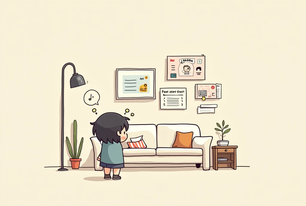 Standing in the living room，Looking at the riddles on the wall，Thinking seriously。Cartoon，可爱Cartoon，可爱Cartoon风格，Cute illustration，Clean anime art，Simple background