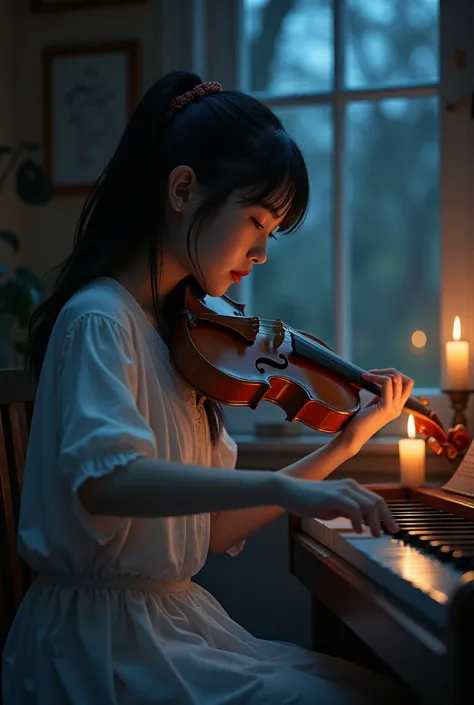 Girl leasning music in night 
