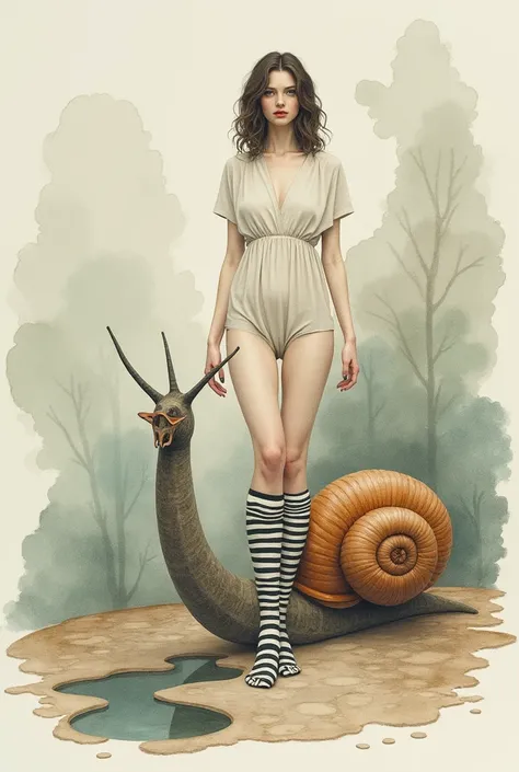 Une illustration surréaliste dans un style de réalisme en aquarelle, représentant une femme portant de longues chaussettes rayées. À ses côtés, un escargot avec des tentacules en forme doctopus, dans un style surréaliste, se fondant dans lenvironnement ave...