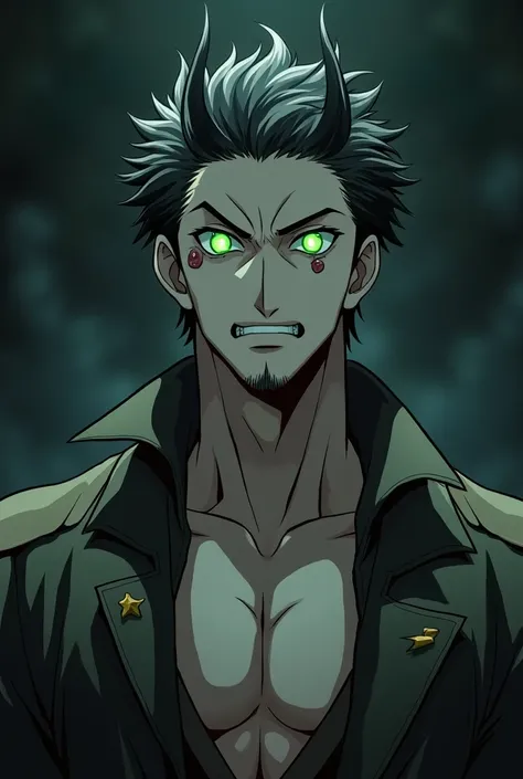 Anime drawing style. A handsome mature good shaped demon. He has short, neatly combed dark hair, pale skin and bright green glowing eyes. under which there are huge bruises from fatigue. He has a little stubble on his face. He has a pair of short horns on ...