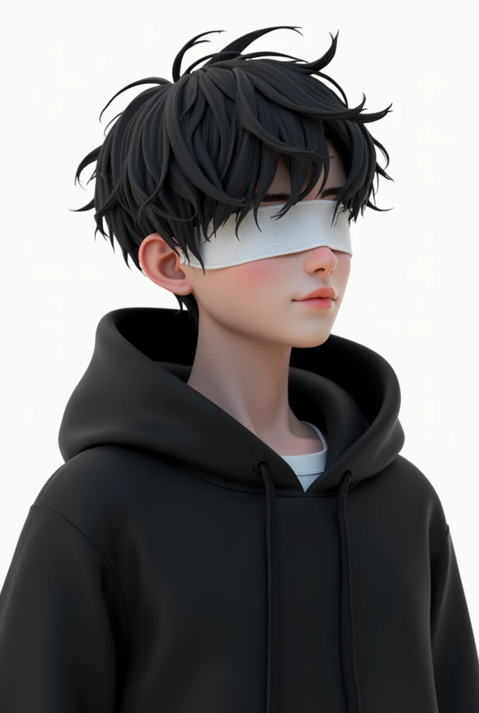 Cute handsome 3d boy bandage on eyes in black hoodies instagram logo in back. With white background 