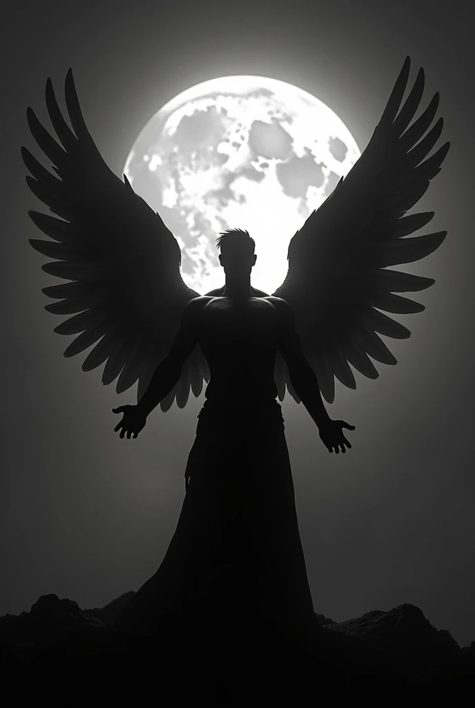 Make shadow picture of angel man behind the full
 moon standing with attitude