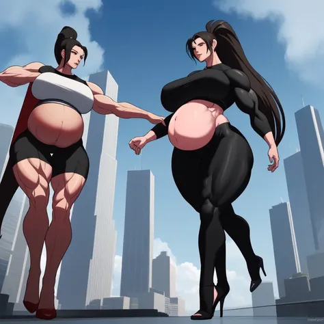 their towering figure reaching into the clouds like a moving skyscraper. yoga pants and jacket, pregnant, lesbian kiss, very long hair, high ponytail, stockings, huge breast, high heels, walking, huge hips. muscular arms, muscular legs. huge giantess. musc...