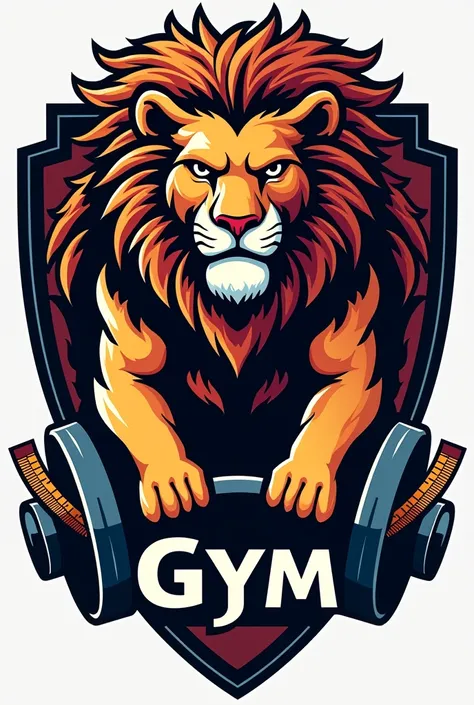 Gym emblem with a drawn lion emblem, with dumbbell decoration weights nutrition and rest, surrounded by measuring tape, reflecting the values of discipline, work and perseverance